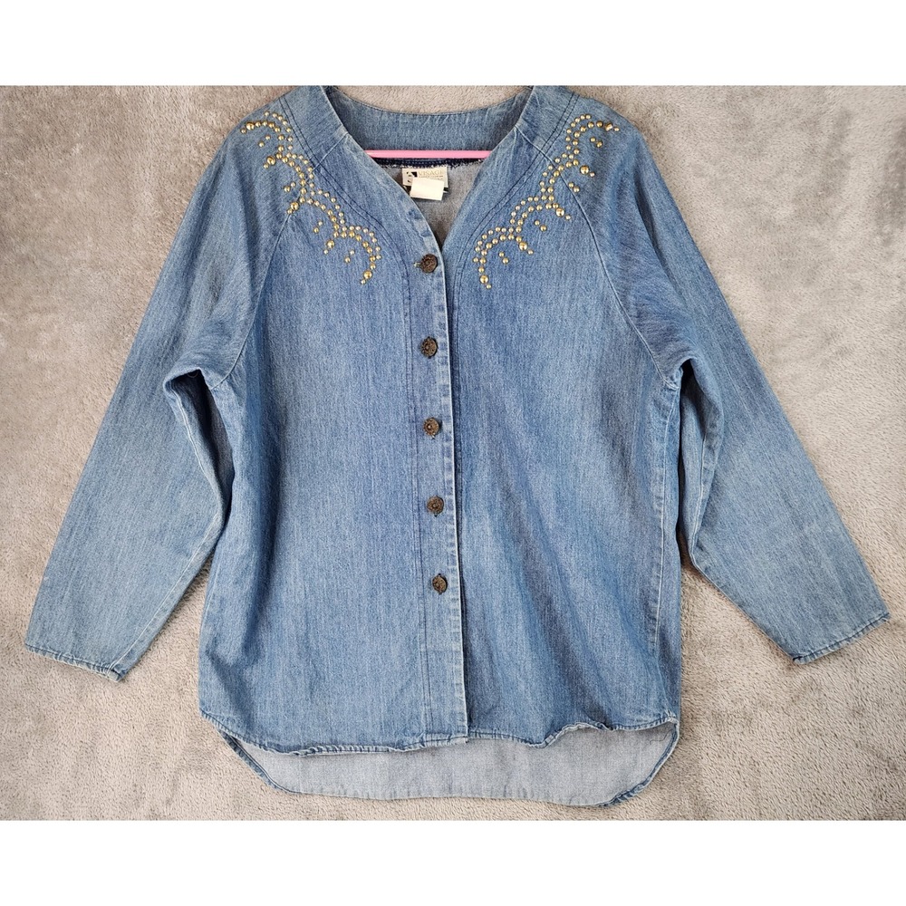 Visage Vintage Shirt Womens Large Blue Denim Studded Button Up Made in USA